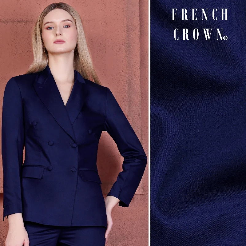 Plus Size Women's Faux Fur - Trimmed Blazers in Black for a Luxurious LookSpace Blue Subtle Sheen Double Breasted Women's Blazer Plus Size Women's Faux Fur - Trimmed Blazers in Black for a Luxurious LookSpace Blue Subtle Sheen Double Breasted Women's Blazer