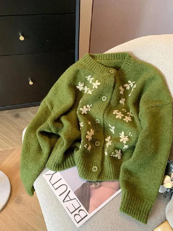 cropped women cardigan to pair with high - waisted jeansVintage Daisy Embroidered Knitted Cardigan cropped women cardigan to pair with high - waisted jeansVintage Daisy Embroidered Knitted Cardigan