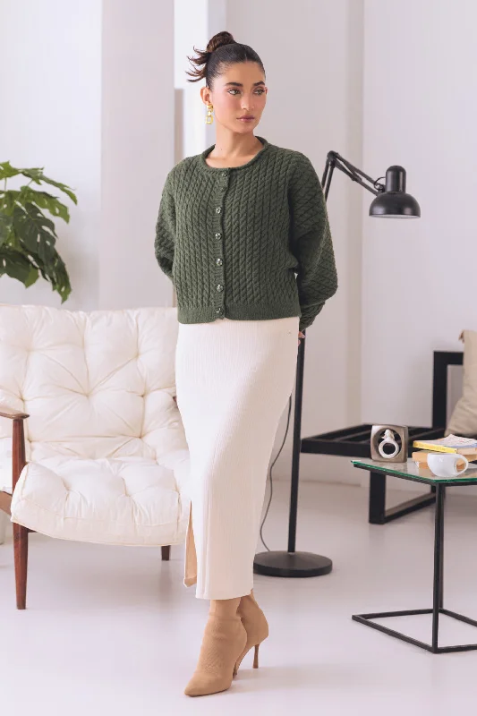 ribbed women cardigan with a classic textureL-GREEN-ROUND NECK CROP BOXY FULL SLEEVES CARDIGAN SWEATER (24X-004-66)