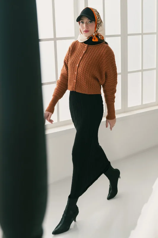 long length women cardigan with side slitsRUST-ROUND NECK CROP BOXY FULL SLEEVES CARDIGAN SWEATER (24X-004-66)
