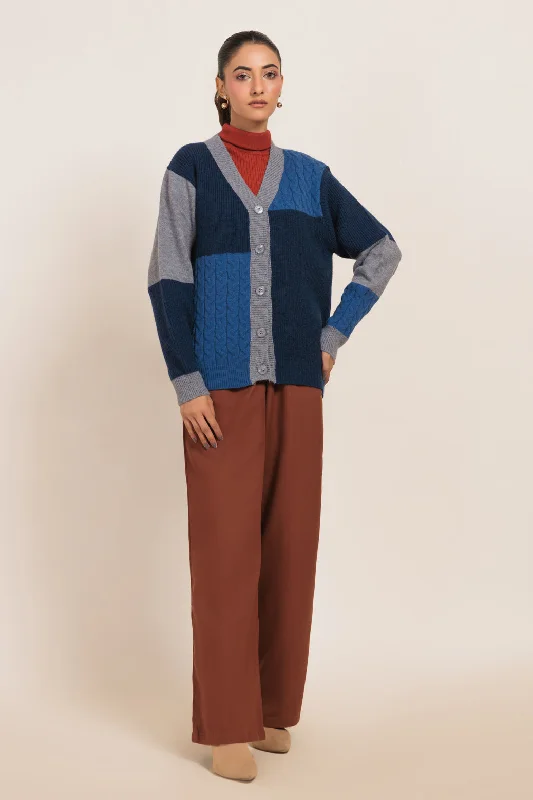 oversized women cardigan for a trendy and cozy lookNAVY-V-NECK FULL SLEEVES CARDIGAN SWEATER (24X-005-66)