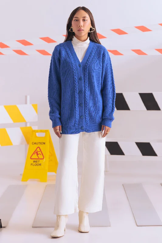 long length women cardigan with side slitsBLUE-V-NECK FULL SLEEVES CARDIGAN SWEATER (24X-010-66)