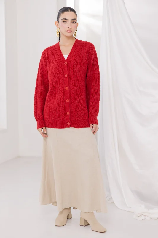 cropped women cardigan to pair with high - waisted jeansRED-V-NECK FULL SLEEVES CARDIGAN SWEATER (24X-010-66)
