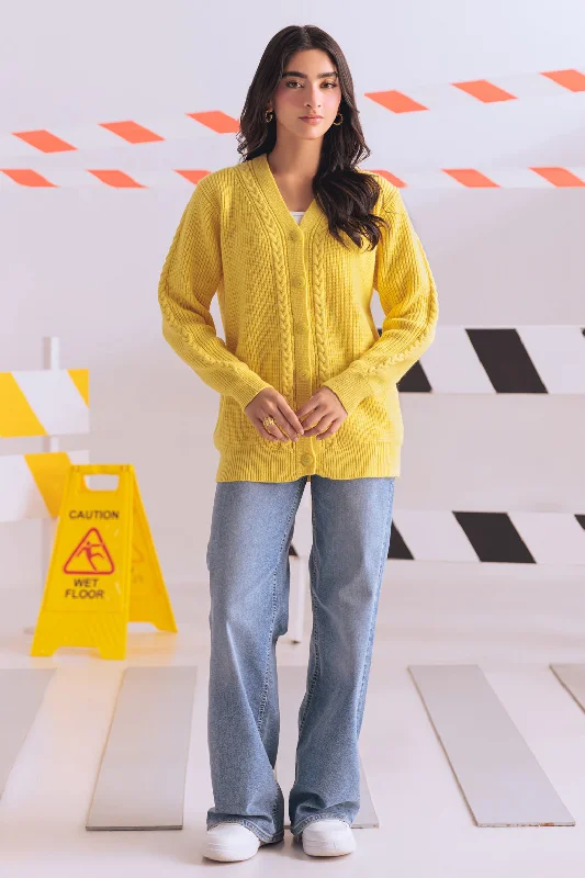 open front women cardigan for easy stylingYELLOW-V-NECK FULL SLEEVES CARDIGAN SWEATER (24X-010-66)