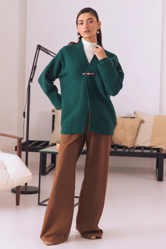 color block women cardigan with bold huesGREEN-FRONT OPEN FULL SLEEVES CARDIGAN SWEATER (24X-011-66)