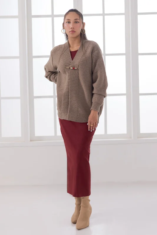 hooded women cardigan for added warmth and styleKHAKI-FRONT OPEN FULL SLEEVES CARDIGAN SWEATER (24X-011-66)