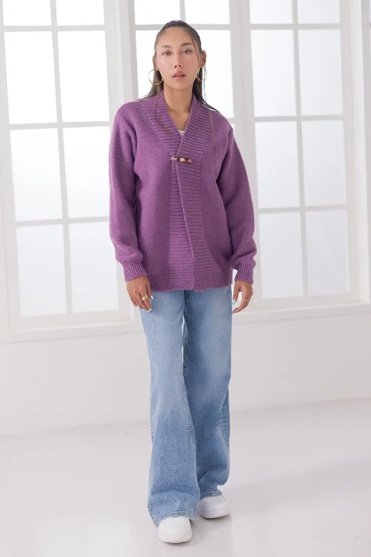 ribbed women cardigan with a classic textureMAUVE-FRONT OPEN FULL SLEEVES CARDIGAN SWEATER (24X-011-66)