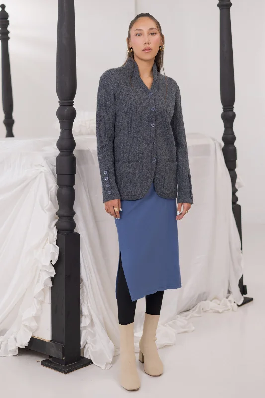 hand knitted women cardigan with artisanal charmCHARCOAL-HIGH NECK CARDIGAN FULL SLEEVES W-POCKET SWEATER (24X-014-66)
