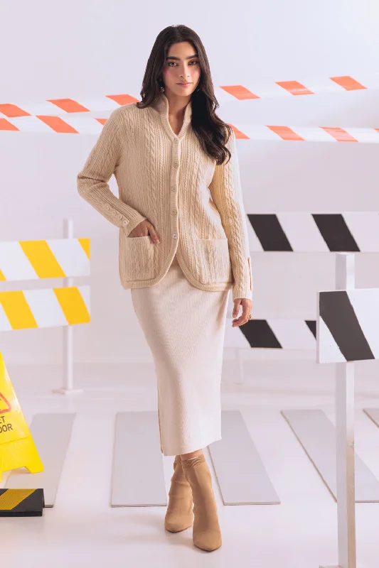 sequin embellished women cardigan for special occasionsCREAM-HIGH NECK CARDIGAN FULL SLEEVES W-POCKET SWEATER (24X-014-66)