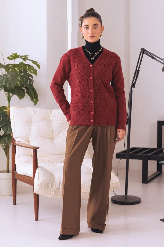 plus size women cardigan for comfortable layeringMAROON-V-NECK FULL SLEEVES CARDIGAN SWEATER (24X-015-66)