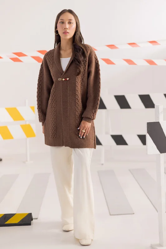 button down women cardigan with vintage buttonsBROWN-SHAWL COLLAR FRONT OPEN FULL SLEEVES CARDIGAN SWEATER (24X-064-66)