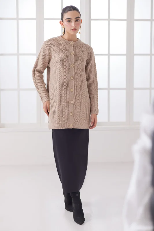 cropped women cardigan to pair with high - waisted jeansBEIGE-ROUND NECK FULL SLEEVES CARDIGAN SWEATER (24X-065-66)