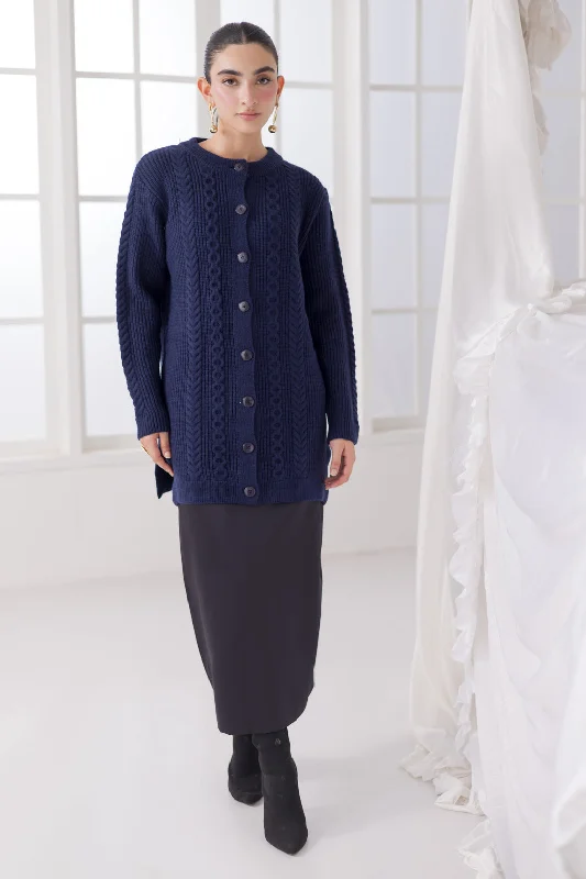 lightweight women cardigan for spring and fallNAVY-ROUND NECK FULL SLEEVES CARDIGAN SWEATER (24X-065-66)