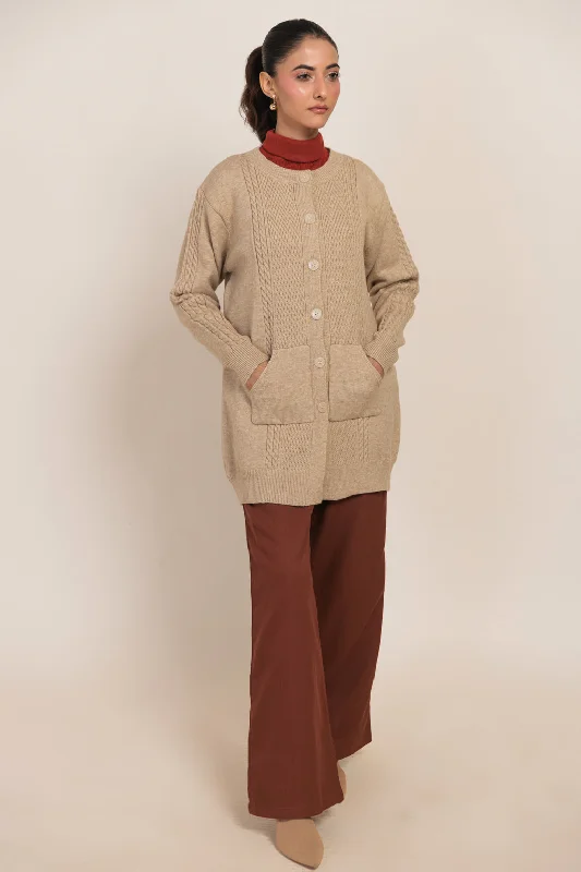 cable knit women cardigan with intricate patternsBEIGE-ROUND NECK FULL SLEEVES CARDIGAN W-POCKET SWEATER (24X-066-66)