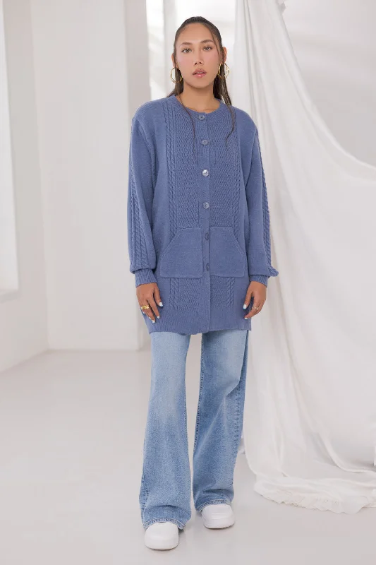 cashmere blend women cardigan for a luxurious feelBLUE-ROUND NECK FULL SLEEVES CARDIGAN W-POCKET SWEATER (24X-066-66)