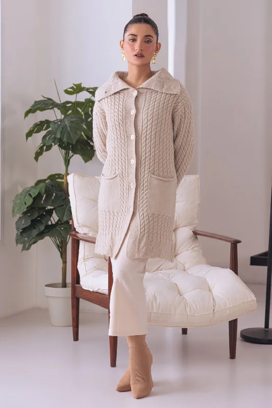 machine washable women cardigan for easy careSTONE-WING COLLAR FULL SLEEVES CARDIGAN W-POCKET SWEATER (24X-104-66)