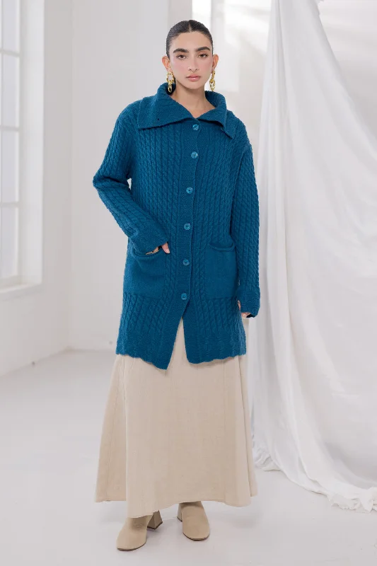 hand knitted women cardigan with artisanal charmTEAL-WING COLLAR FULL SLEEVES CARDIGAN W-POCKET SWEATER (24X-104-66)