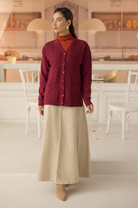 hand knitted women cardigan with artisanal charmMAROON-FULL SLEEVES V-NECK CARDIGAN SWEATER (24X-159-66) hand knitted women cardigan with artisanal charmMAROON-FULL SLEEVES V-NECK CARDIGAN SWEATER (24X-159-66)