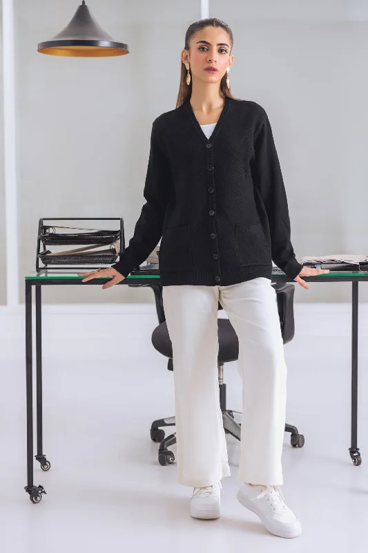cropped women cardigan to pair with high - waisted jeansBLACK-FULL SLEEVE V-NECK-CARDIGAN SWEATER (24X-161-66) cropped women cardigan to pair with high - waisted jeansBLACK-FULL SLEEVE V-NECK-CARDIGAN SWEATER (24X-161-66)