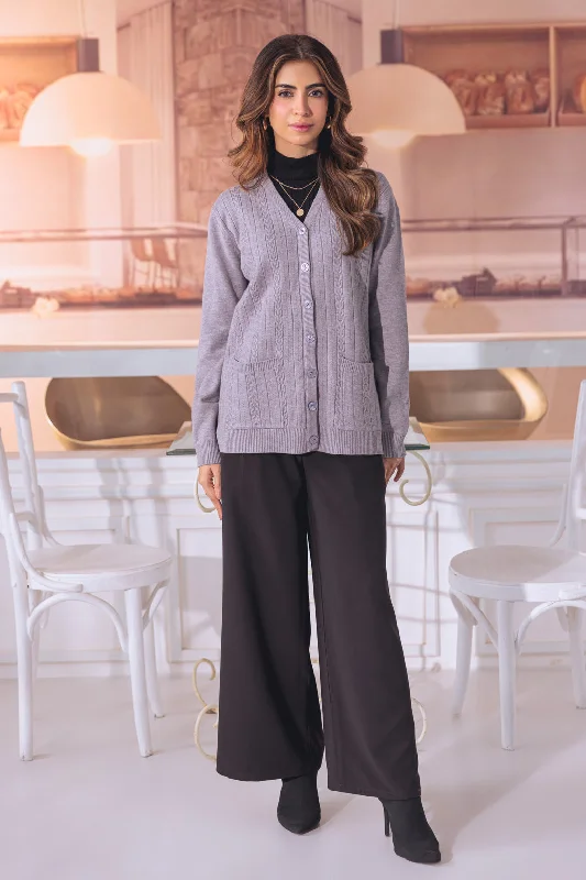 cable knit women cardigan with intricate patternsGREY-FULL SLEEVE V-NECK-CARDIGAN SWEATER (24X-163-66) cable knit women cardigan with intricate patternsGREY-FULL SLEEVE V-NECK-CARDIGAN SWEATER (24X-163-66)