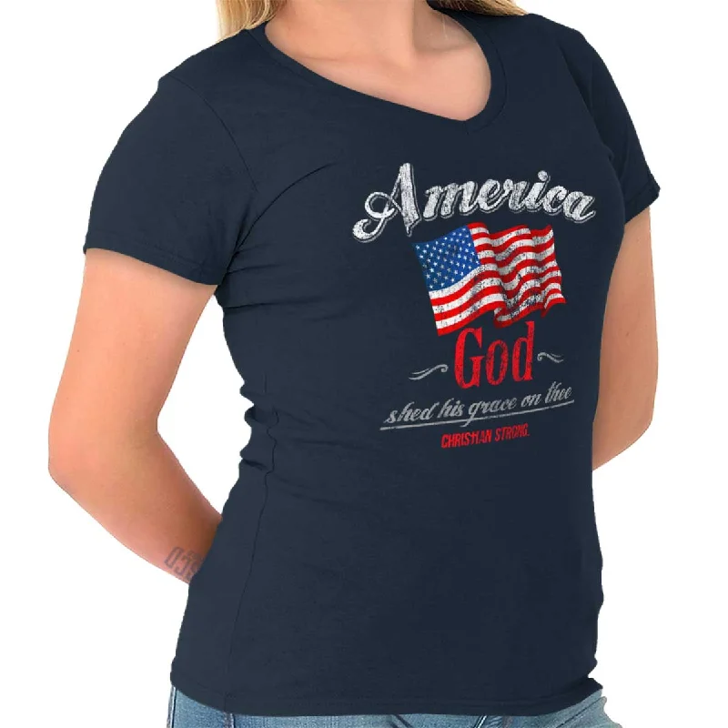 Long Sleeve Women T Shirt for Cooler WeatherAmerica God Junior Fit V-Neck T-Shirt