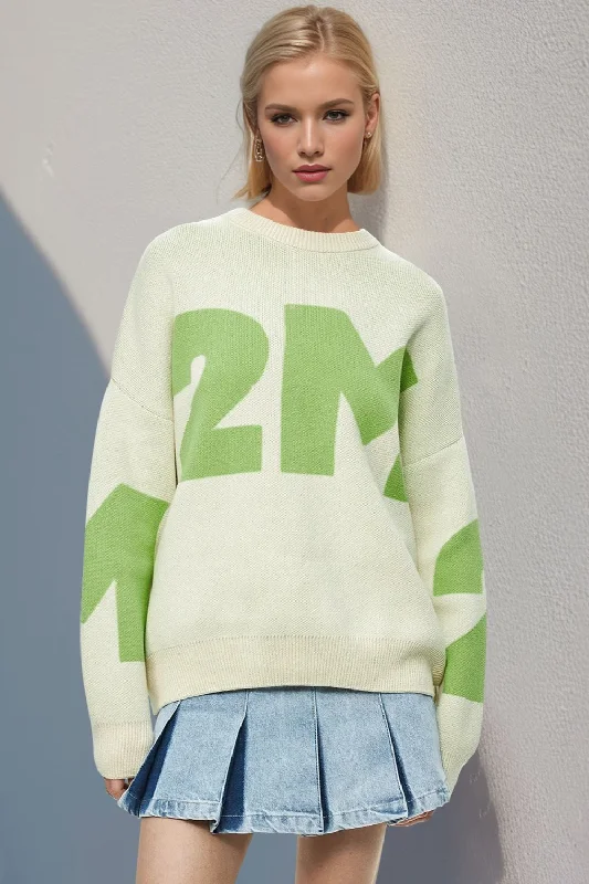 Plus Size Women's Striped Cotton - Blend Sweater in Navy and White for a Nautical ThemeBasic Bae Contrast Letter Round Neck Long Sleeve Sweater Plus Size Women's Striped Cotton - Blend Sweater in Navy and White for a Nautical ThemeBasic Bae Contrast Letter Round Neck Long Sleeve Sweater