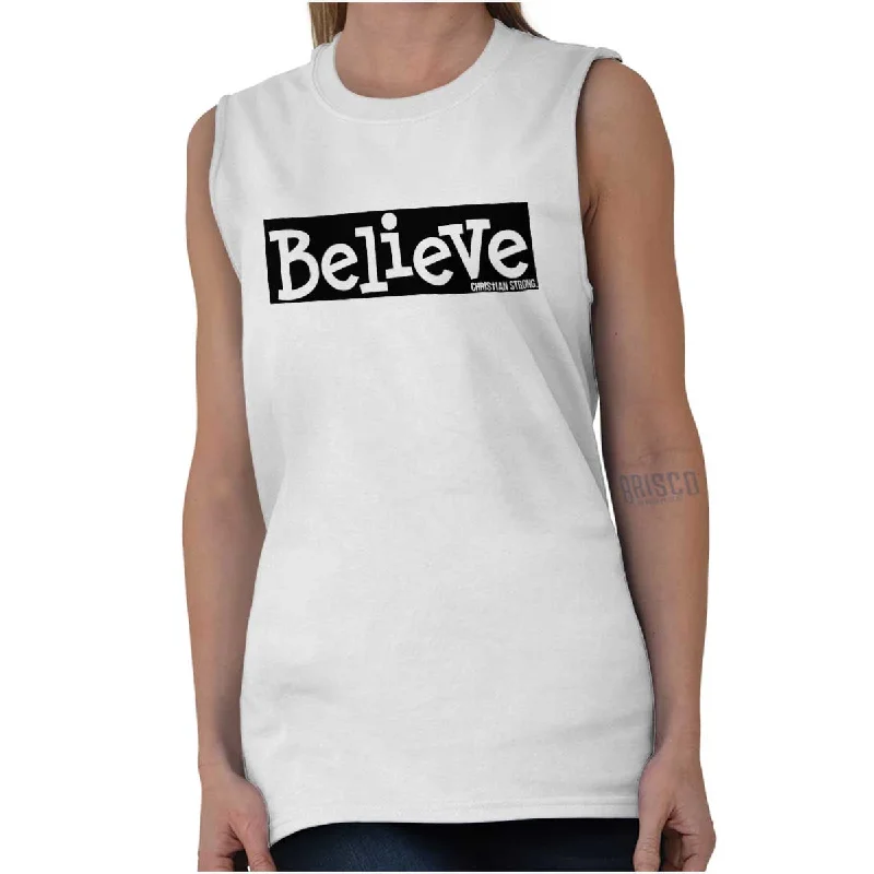 Graphic Print Women T Shirt for a Trendy StatementBelieve Christian Strong Sleeveless T-Shirt Graphic Print Women T Shirt for a Trendy StatementBelieve Christian Strong Sleeveless T-Shirt