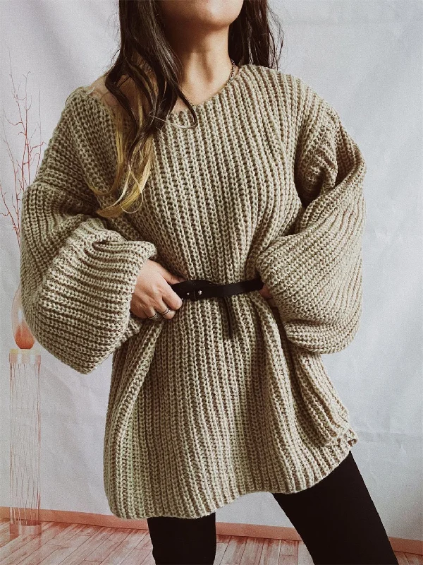 Plus Size Women's Fringe - Trimmed Sweater in Beige for a Boho - Inspired StyleBoat Neck Long Sleeve Sweater with Belt Plus Size Women's Fringe - Trimmed Sweater in Beige for a Boho - Inspired StyleBoat Neck Long Sleeve Sweater with Belt