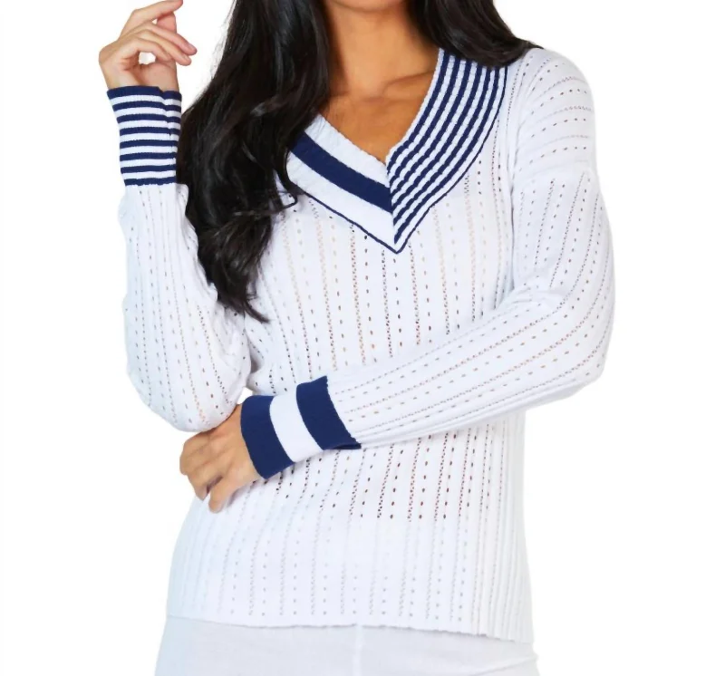 Plus Size Women's Embroidered Floral Patterned Sweater in White for a Spring - Inspired LookBraided V-Neck Sweater In White/navy Plus Size Women's Embroidered Floral Patterned Sweater in White for a Spring - Inspired LookBraided V-Neck Sweater In White/navy