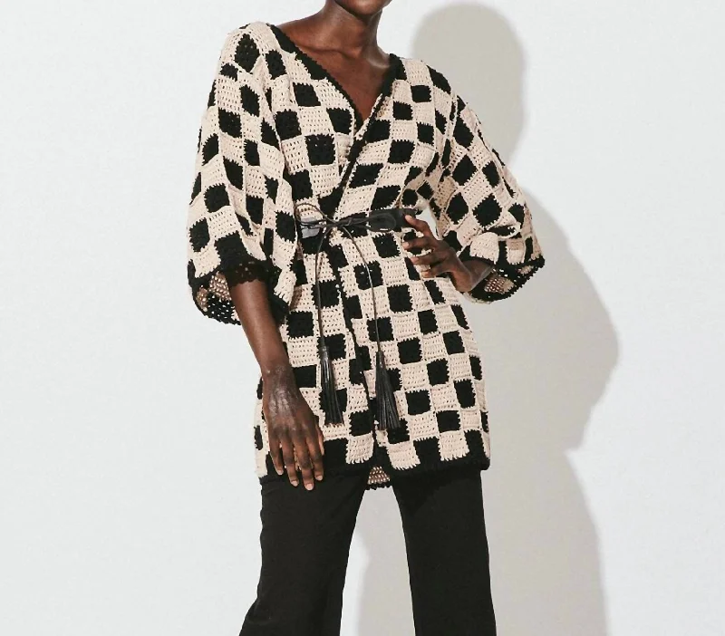 hand knitted women cardigan with artisanal charmBrenda Cardigan In Black/white