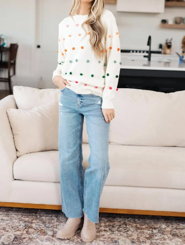 A - Line Women's Merino Wool Sweater Dresses in Classic StylesCandy Buttons Pom Detail Sweater In White