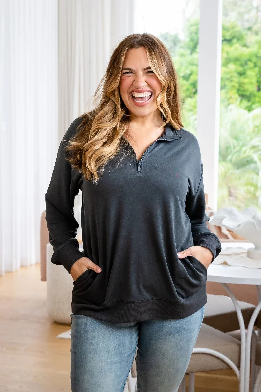 Plus Size Women's Zip - Up Fleece - Lined Sweater in Black for Extra Warmth in Cold WeatherCassie Modal Blend Lounge Sweater in Shadow