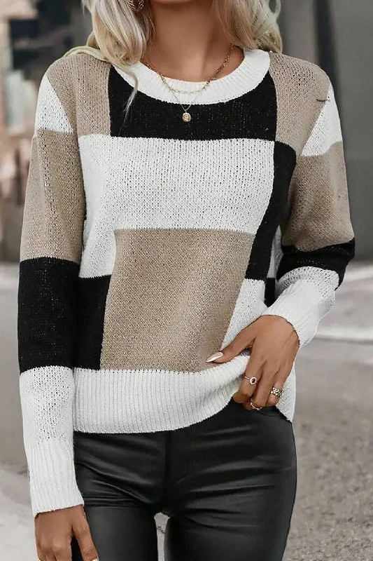 Plus Size Women's V - Neck Long - Sleeve Ribbed Cotton Sweater in Navy for a Classic StyleColor Block Round Neck Long Sleeve Sweater Plus Size Women's V - Neck Long - Sleeve Ribbed Cotton Sweater in Navy for a Classic StyleColor Block Round Neck Long Sleeve Sweater