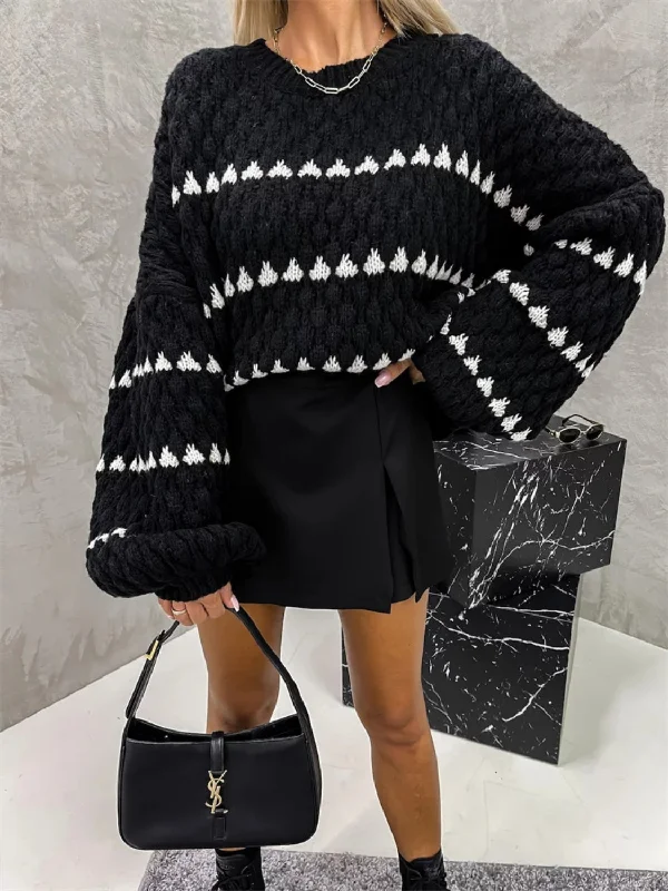 Plus Size Women's Striped Cotton - Blend Sweater in Navy and White for a Nautical ThemeContrast Round Neck Long Sleeve Sweater Plus Size Women's Striped Cotton - Blend Sweater in Navy and White for a Nautical ThemeContrast Round Neck Long Sleeve Sweater
