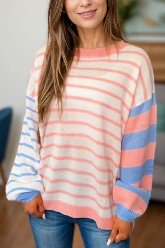 Plus Size Women's Striped Cotton - Blend Sweater in Navy and White for a Nautical ThemeContrast Striped Round Neck Long Sleeve Sweater
