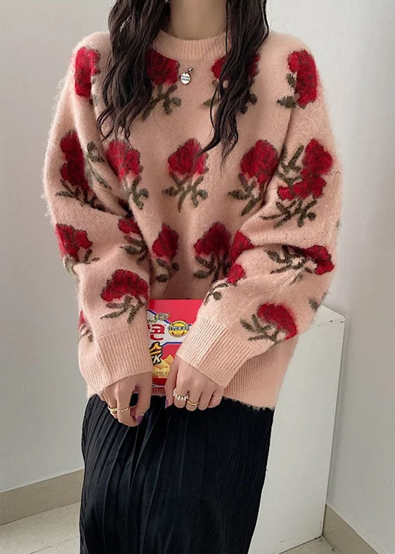 Women's Sheer Lace - Trimmed Sweater in Cream for a Delicate and Elegant AppearanceCute Pink Floral Thick Ma Hai Mao Knit Sweaters Fall Women's Sheer Lace - Trimmed Sweater in Cream for a Delicate and Elegant AppearanceCute Pink Floral Thick Ma Hai Mao Knit Sweaters Fall