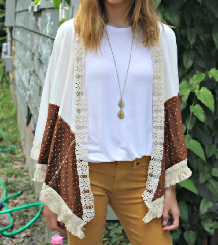 Oversized Chunky Knit Women's Cashmere Sweater in Ivory for a Cozy Winter LookDuster With Laser Cut Suede And Fringe Details In Ivory/brown Oversized Chunky Knit Women's Cashmere Sweater in Ivory for a Cozy Winter LookDuster With Laser Cut Suede And Fringe Details In Ivory/brown