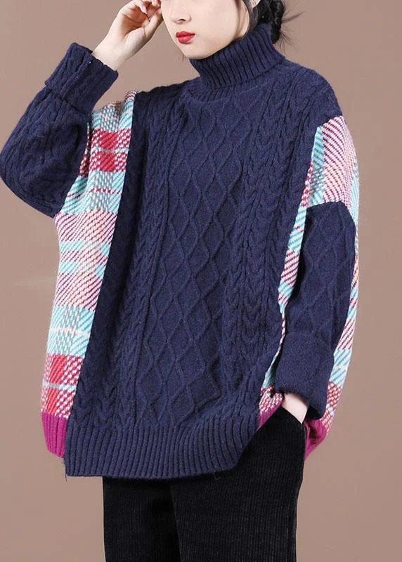 Plus Size Women's Off - Shoulder Ruffled Hem Sweater in Pink for a Feminine and Flirty LookFine Navy Patchwork High neck Fall Knit Sweater Plus Size Women's Off - Shoulder Ruffled Hem Sweater in Pink for a Feminine and Flirty LookFine Navy Patchwork High neck Fall Knit Sweater