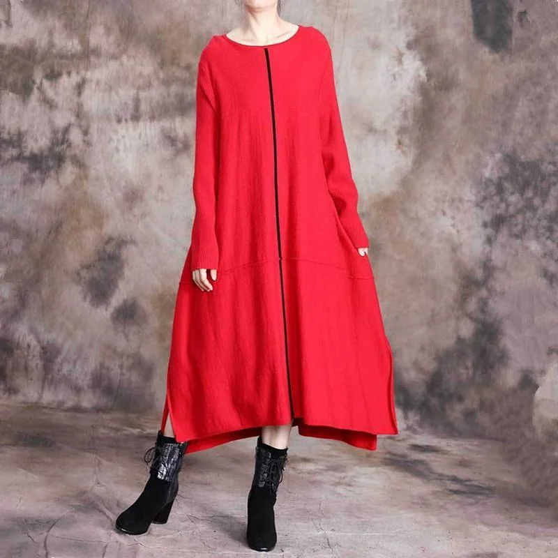 Women's Ribbed Bodycon Sweater in Red for a Sexy and Figure - Hugging LookFor Spring o neck asymmetric Sweater fall Wardrobes fashion red baggy knit dresses