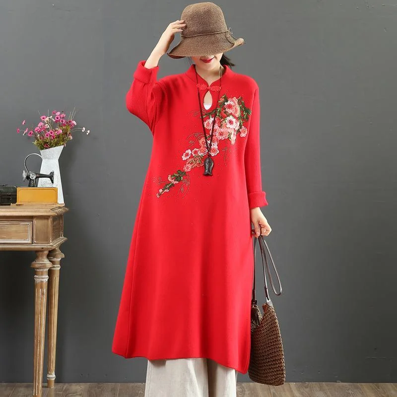 Plus Size Women's Zip - Up Fleece - Lined Sweater in Black for Extra Warmth in Cold WeatherFor Work stand collar Sweater embroidery dresses Street Style red wild DIY knit dresses