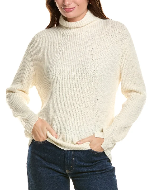 Women's Cropped Cable - Knit Merino Wool Sweater in Beige for a Trendy Fall OutfitForte Cashmere Fashioned Rib Funnel Neck Wool & Cashmere-Blend Sweater