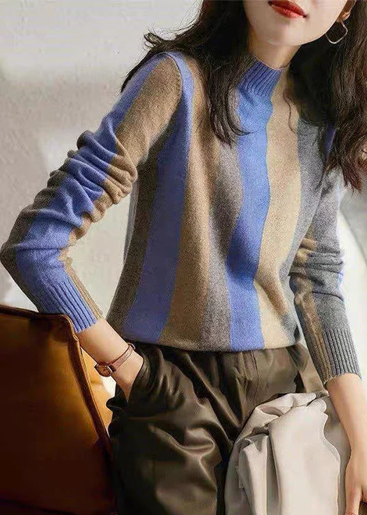 Plus Size Women's V - Neck Long - Sleeve Ribbed Cotton Sweater in Navy for a Classic StyleFrench Blue Half Hign Neck Striped Knitted Sweaters Fall Plus Size Women's V - Neck Long - Sleeve Ribbed Cotton Sweater in Navy for a Classic StyleFrench Blue Half Hign Neck Striped Knitted Sweaters Fall
