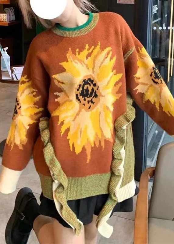 Plus Size Women's Off - Shoulder Ruffled Hem Sweater in Pink for a Feminine and Flirty LookFrench Orange Print Ruffled Patchwork Cotton Knit Sweater Long Sleeve Plus Size Women's Off - Shoulder Ruffled Hem Sweater in Pink for a Feminine and Flirty LookFrench Orange Print Ruffled Patchwork Cotton Knit Sweater Long Sleeve