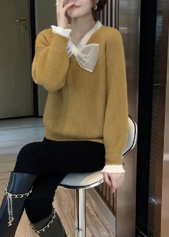 Women's Cropped Cable - Knit Merino Wool Sweater in Beige for a Trendy Fall OutfitFrench Yellow V Neck Bow Patchwork Woolen Knitted Sweaters Fall Women's Cropped Cable - Knit Merino Wool Sweater in Beige for a Trendy Fall OutfitFrench Yellow V Neck Bow Patchwork Woolen Knitted Sweaters Fall