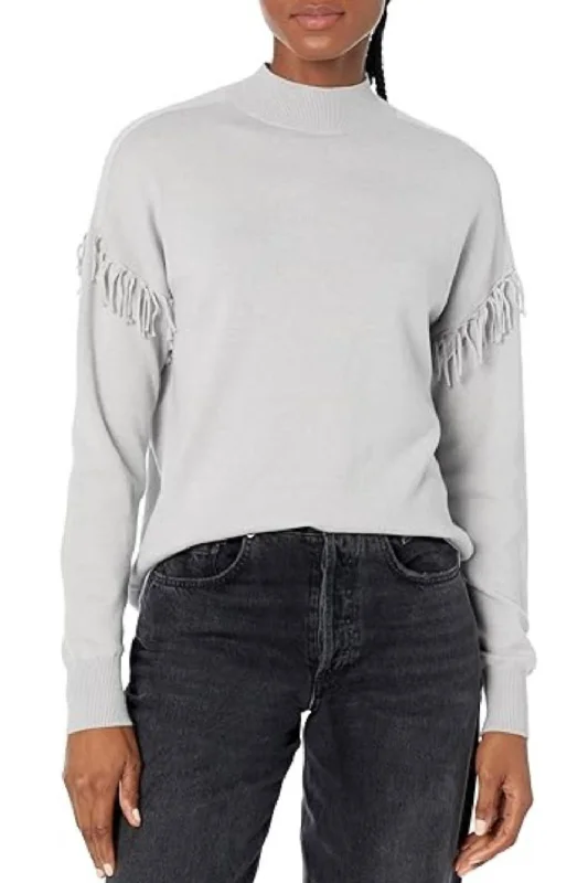 Women's Cropped Cable - Knit Merino Wool Sweater in Beige for a Trendy Fall OutfitFringe Mock Neck Sweater In Silver Women's Cropped Cable - Knit Merino Wool Sweater in Beige for a Trendy Fall OutfitFringe Mock Neck Sweater In Silver