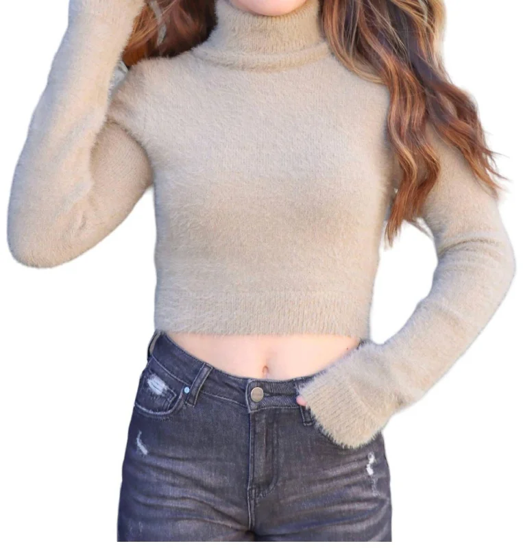 Women's Cropped Cable - Knit Merino Wool Sweater in Beige for a Trendy Fall OutfitFuzzy Knit Sweater In Khaki Women's Cropped Cable - Knit Merino Wool Sweater in Beige for a Trendy Fall OutfitFuzzy Knit Sweater In Khaki