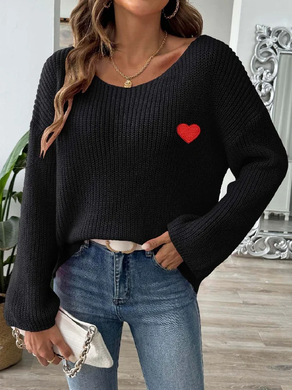 Plus Size Women's Embroidered Floral Patterned Sweater in White for a Spring - Inspired LookHeart Boat Neck Dropped Shoulder Sweater Plus Size Women's Embroidered Floral Patterned Sweater in White for a Spring - Inspired LookHeart Boat Neck Dropped Shoulder Sweater