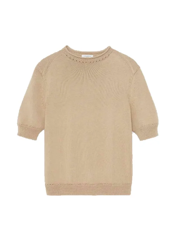 Plus Size Women's Fit - and - Flare Sweater Dresses with Ruffled HemHigh Crew Neck Cotton Sweater In Beige