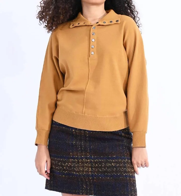 Plus Size Women's Striped Cotton - Blend Sweater in Navy and White for a Nautical ThemeHigh Neck Buttoned Sweater In Saffron Yellow Plus Size Women's Striped Cotton - Blend Sweater in Navy and White for a Nautical ThemeHigh Neck Buttoned Sweater In Saffron Yellow