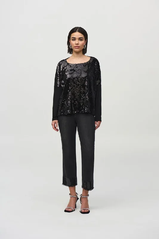 Plus Size Women's Open - Front Cardigan Sweater in Burgundy with Buttons for a Stylish LayerJoseph Ribkoff Black Sequined Velvet Boxy Top Plus Size Women's Open - Front Cardigan Sweater in Burgundy with Buttons for a Stylish LayerJoseph Ribkoff Black Sequined Velvet Boxy Top